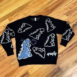 Dinosaur Sweater Cartoon Pattern Crewneck Pullover Unisex L Soft Black